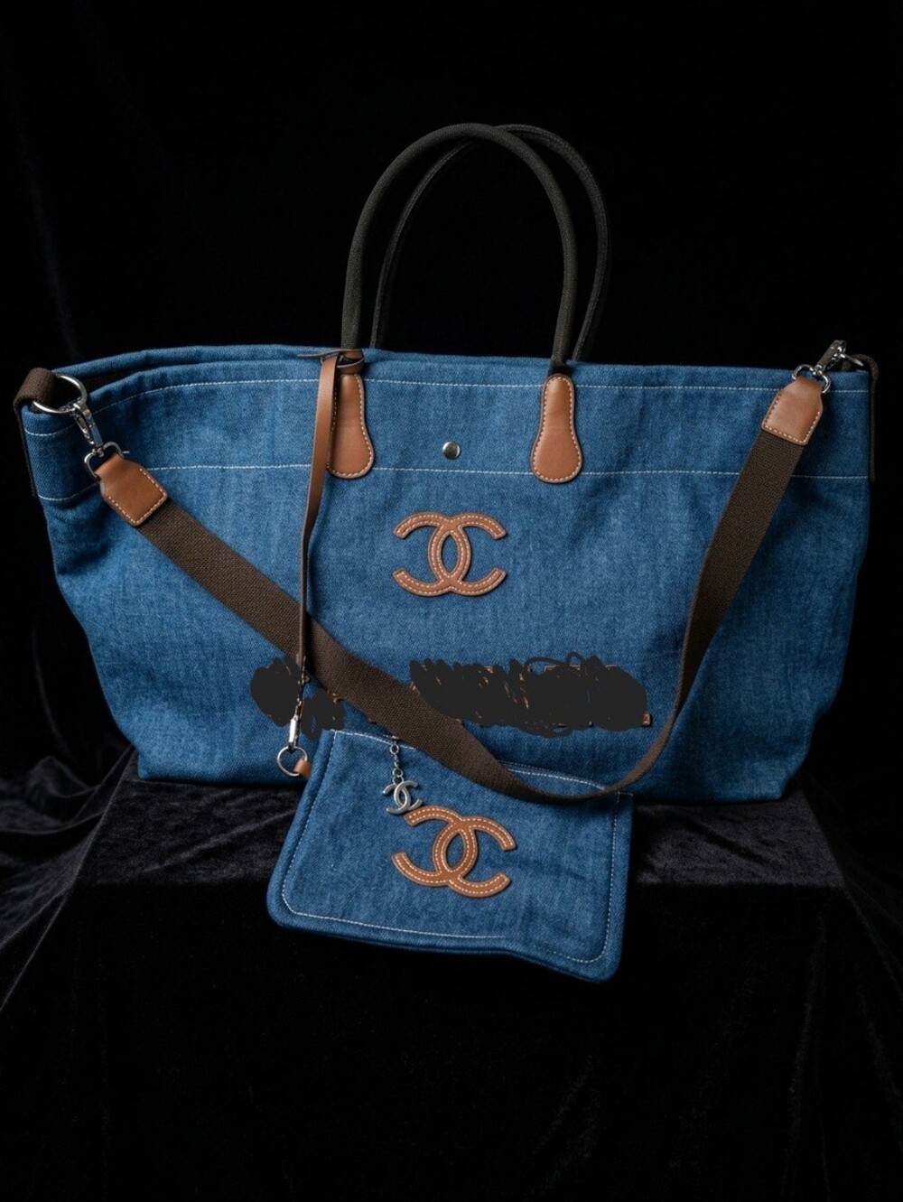 Classic Blue Denim Tote with Brown Trim and Logo Accent